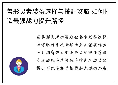 兽形灵者装备选择与搭配攻略 如何打造最强战力提升路径